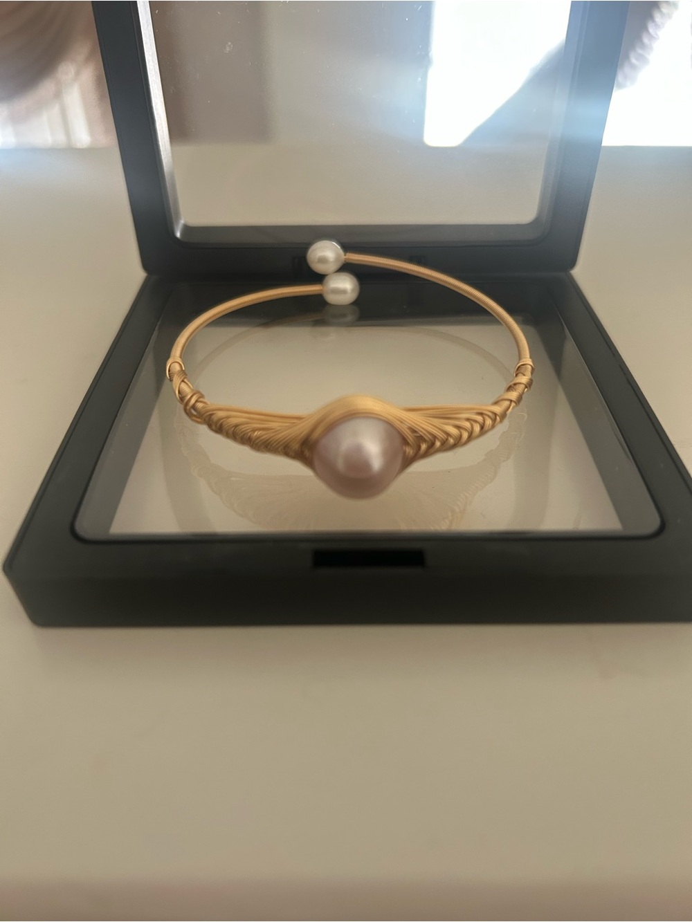Gold Pearl Open Bangle Bracelet - Elegant Women’s Jewelry